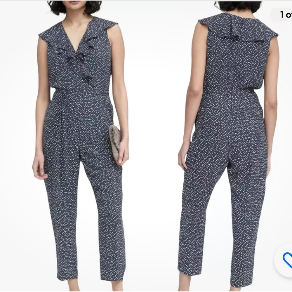 Banana Republic Ruffle Front jumpsuit V-Neck Cropped Jumpsuit, Navy SIZE 12